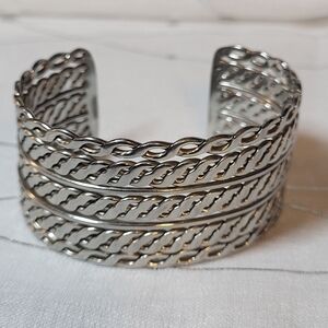 Silver Tone Chain Open Cuff Bangle Bracelet Women's 7 inch Adjustable Jewelry